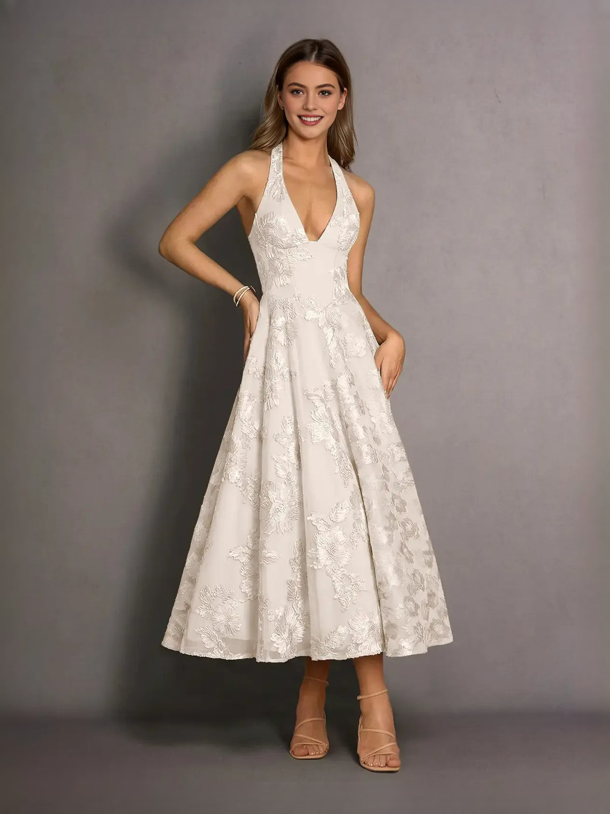 Ivory midi prom dress, alternate view showing the skirt and hem