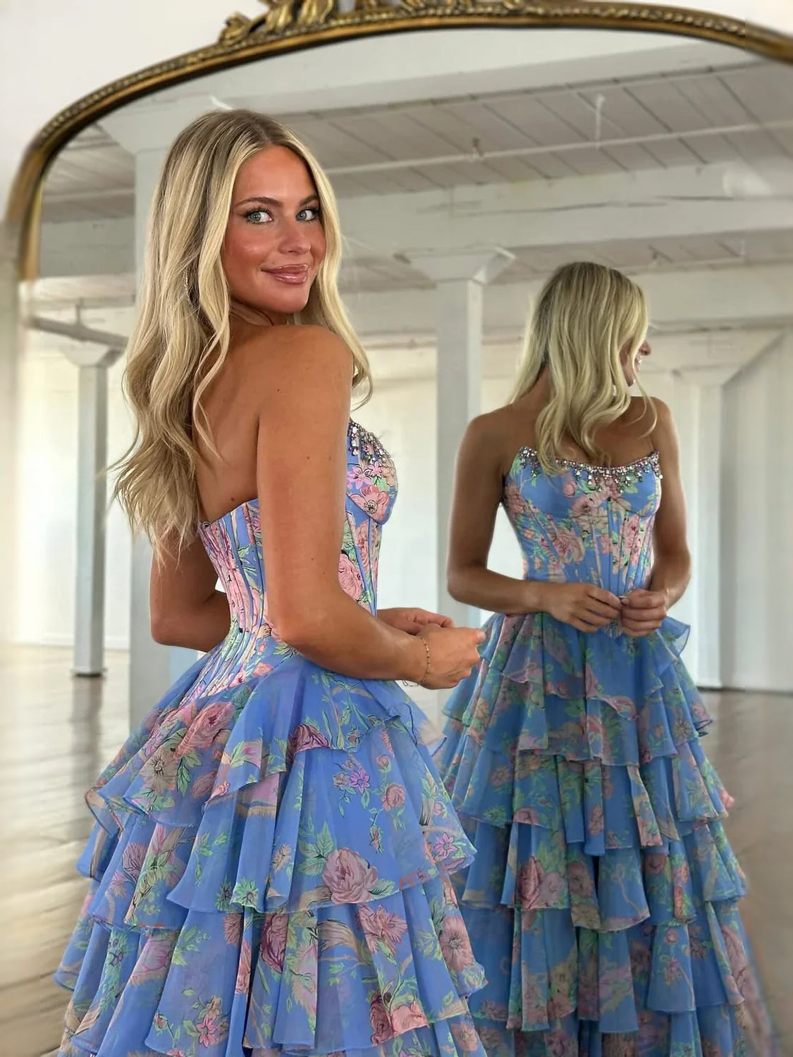 Teal maxi prom dress, alternate view showing the skirt and hem
