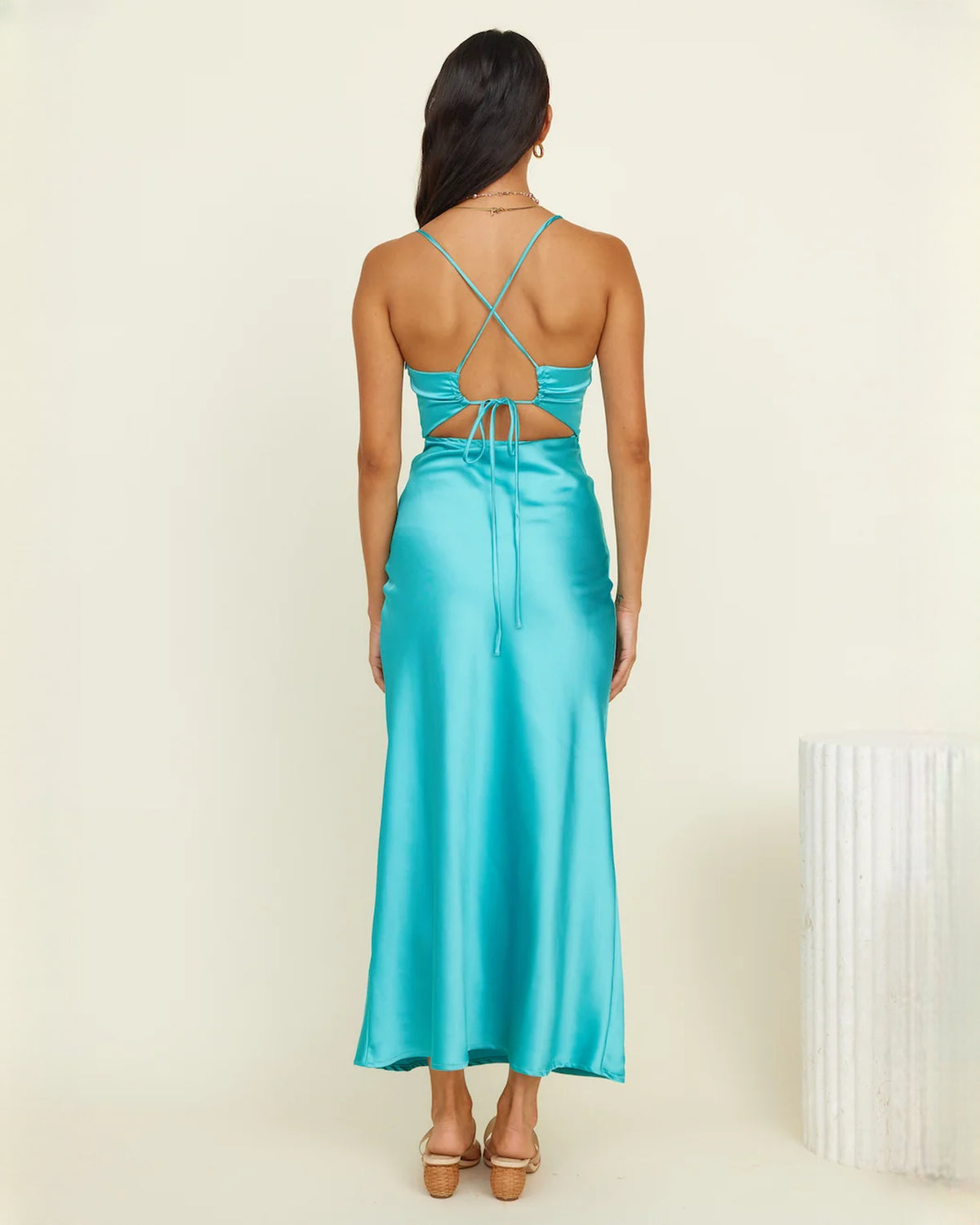 sleeveless satin a-line maxi bridesmaid dress - image 5