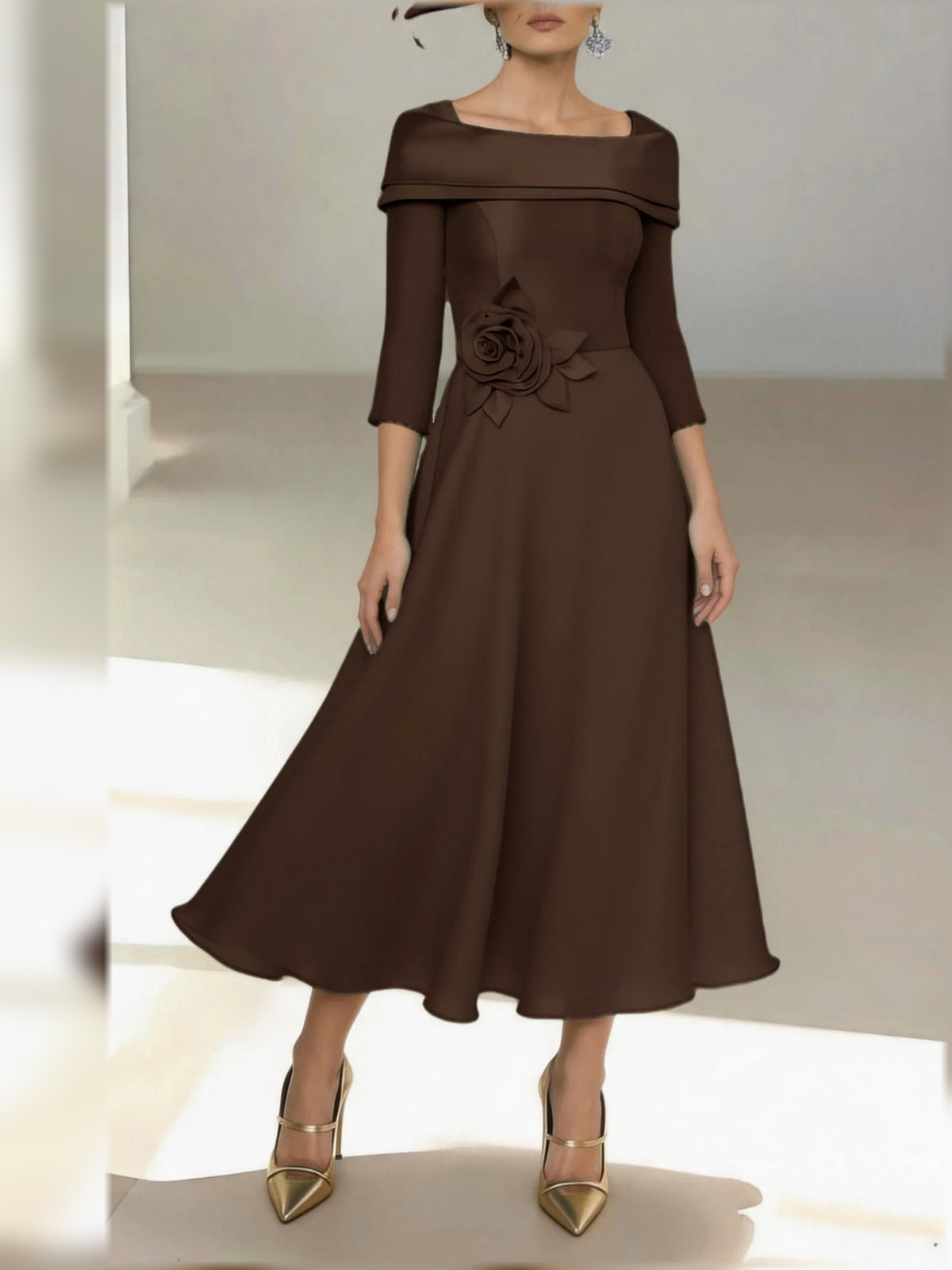 Chocolate midi mother of the bride dress, alternate view showing the skirt and hem