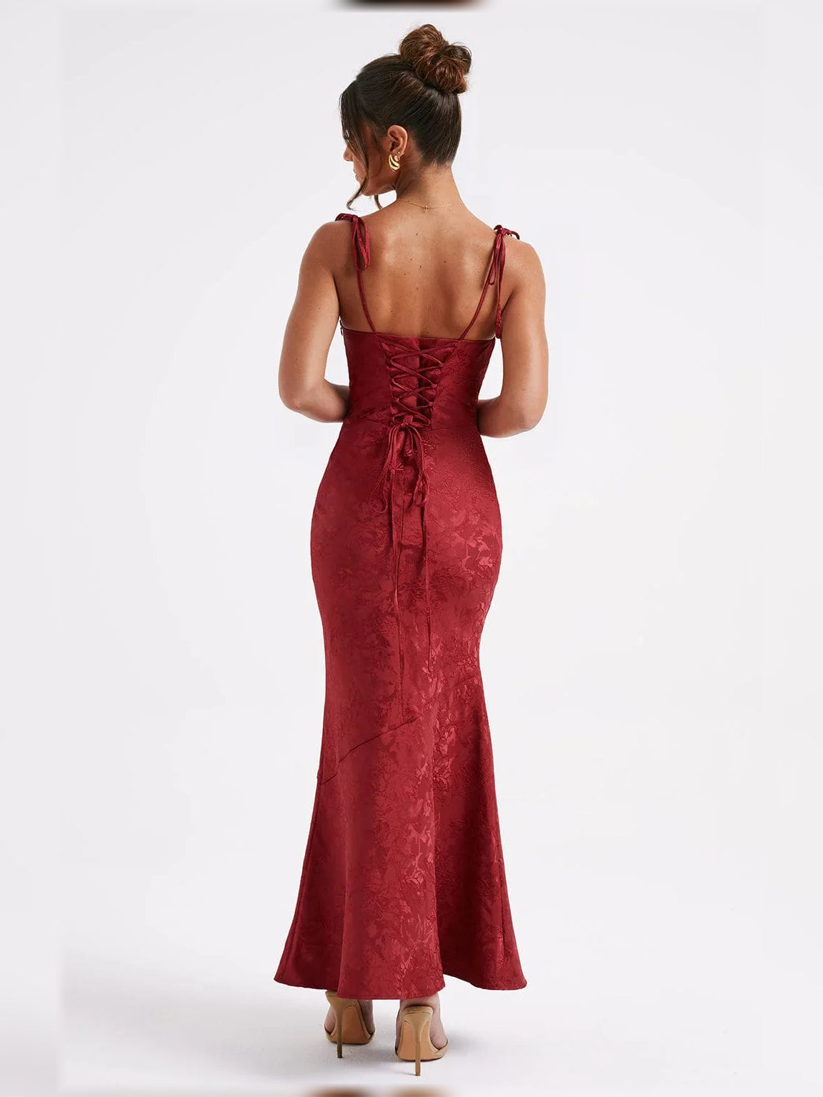 Blush Pink mermaid floor-length formal dress with floral print, alternate view showing the skirt