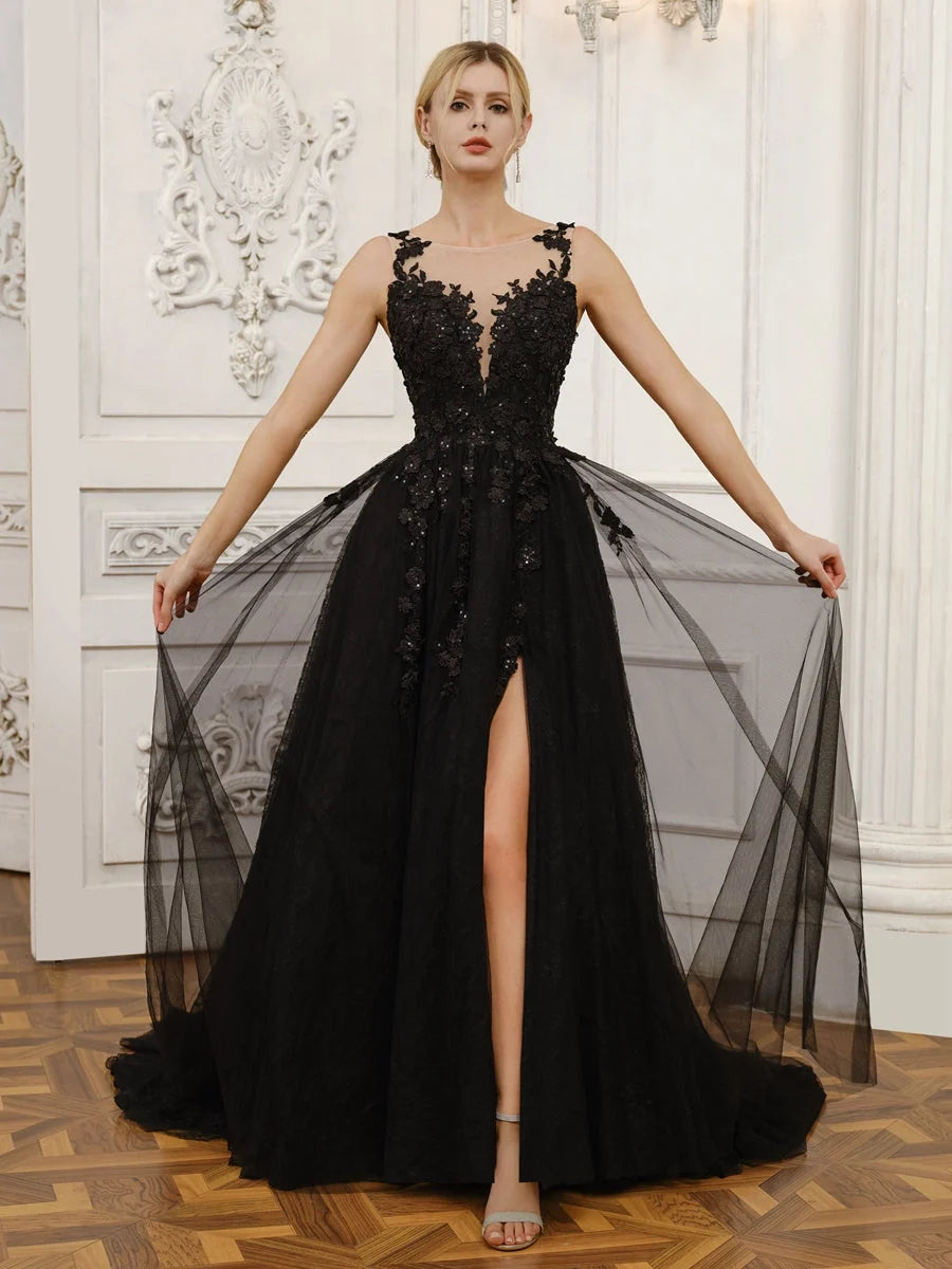 Black floor-length wedding dress, alternate view showing the skirt and hem