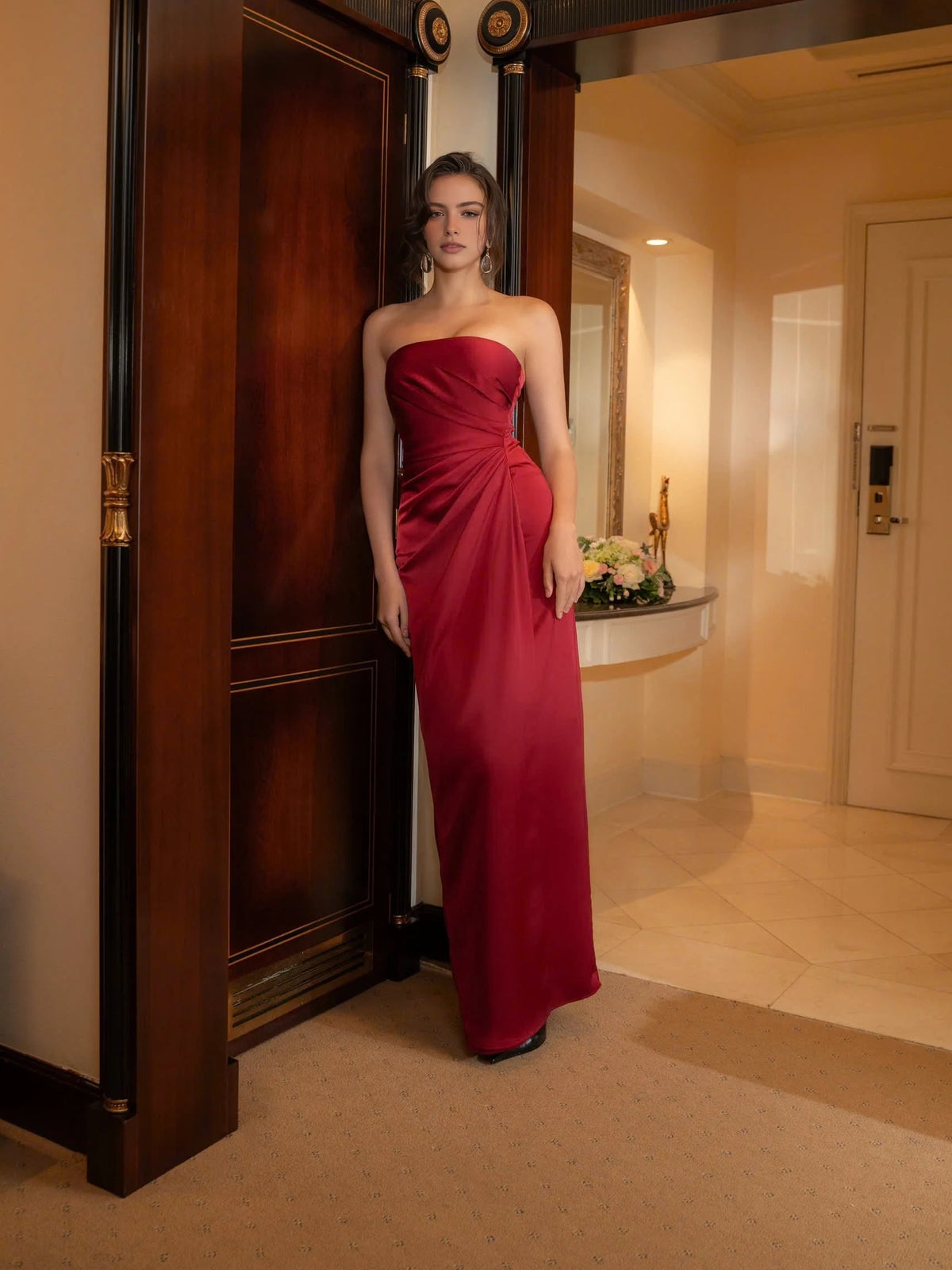 Champagne maxi prom dress, alternate view showing the skirt and hem