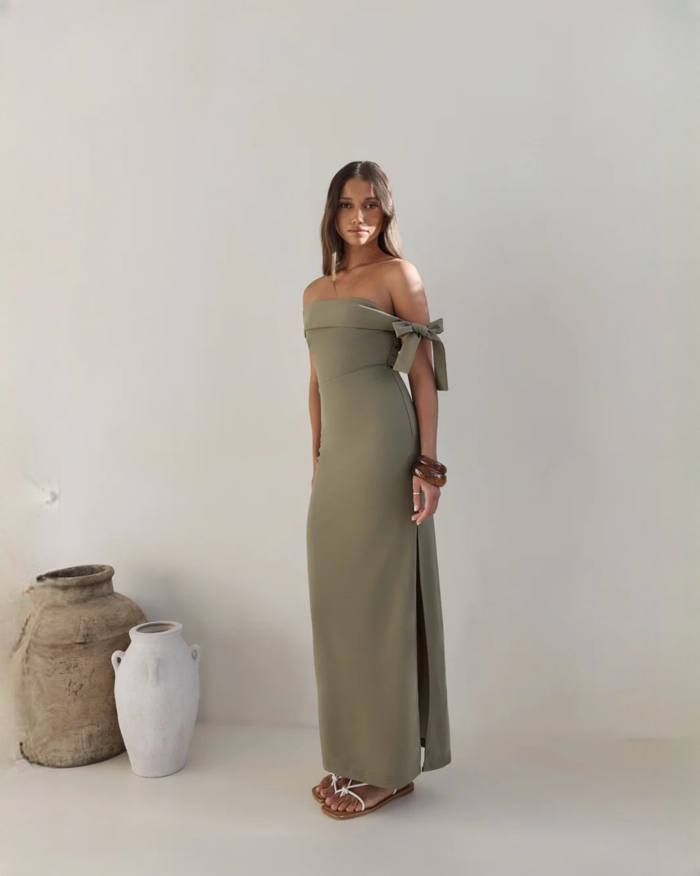 off-shoulder structured satin a-line maxi bridesmaid dress - image 5