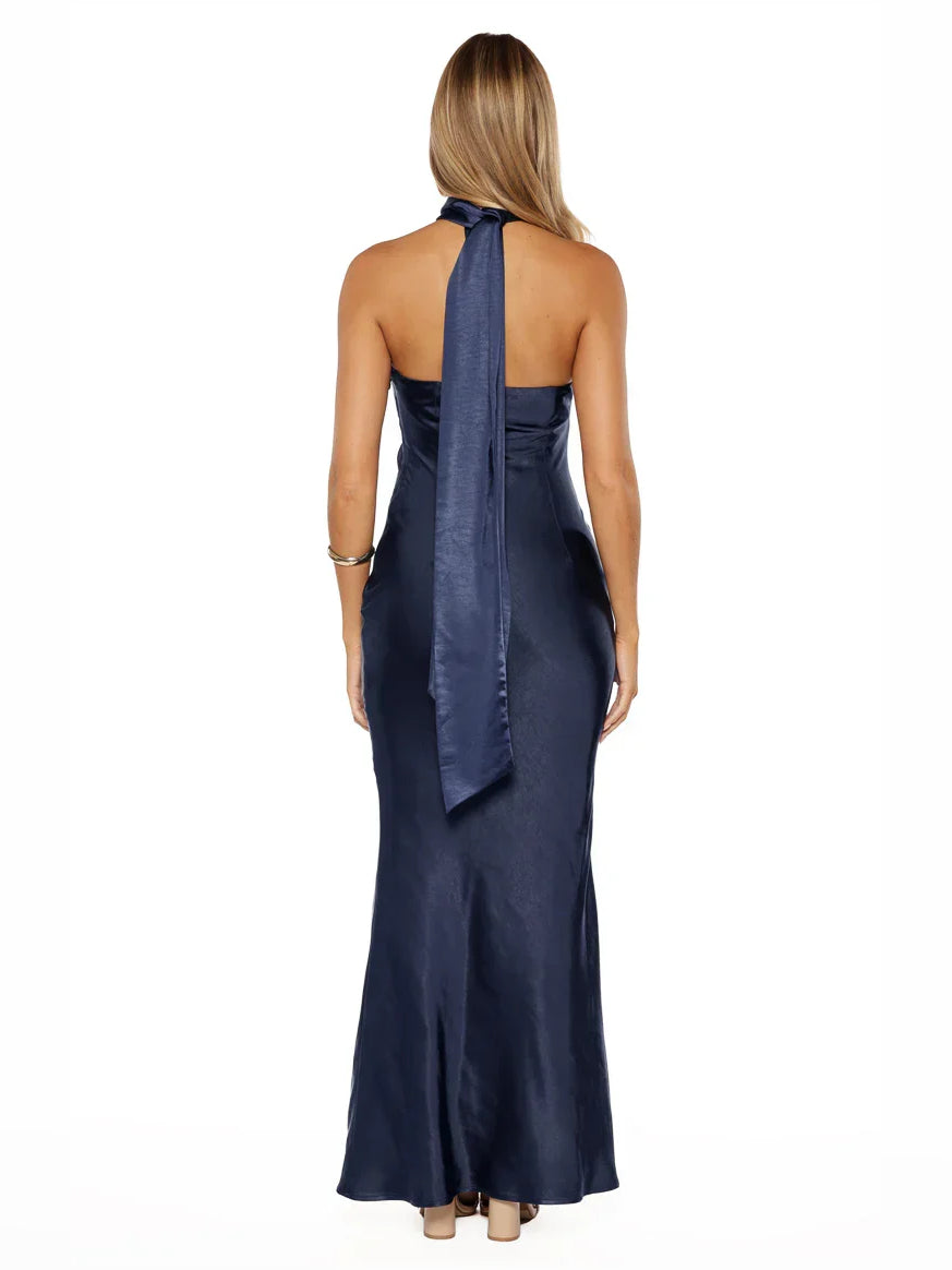 Dark Navy maxi bridesmaid dress, alternate view showing the skirt and hem