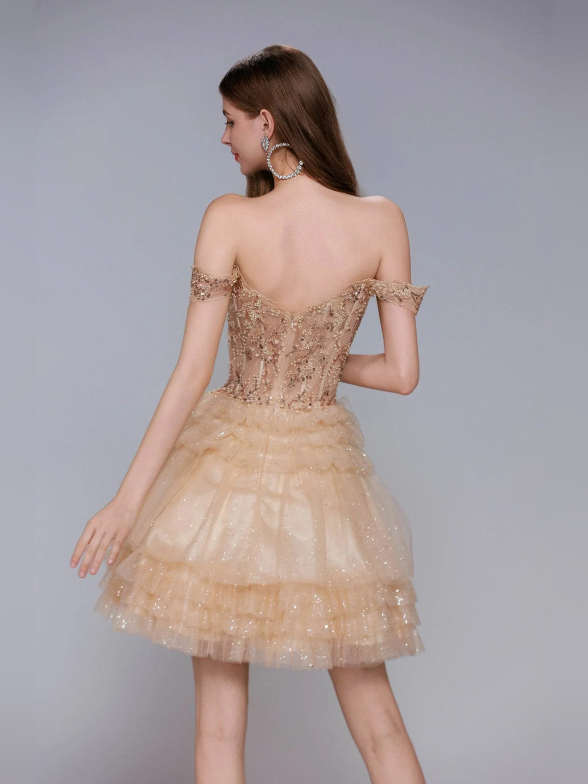 White short homecoming dress, alternate view showing the skirt and hem