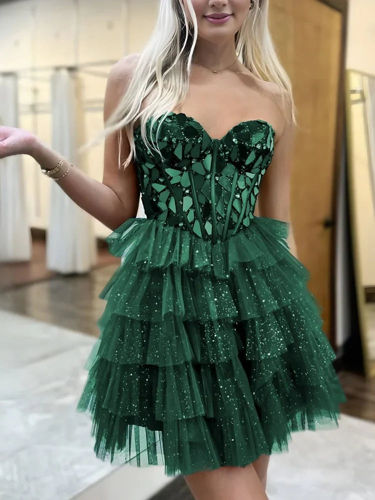 Dark Green mini homecoming dress, alternate view showing the skirt and hem