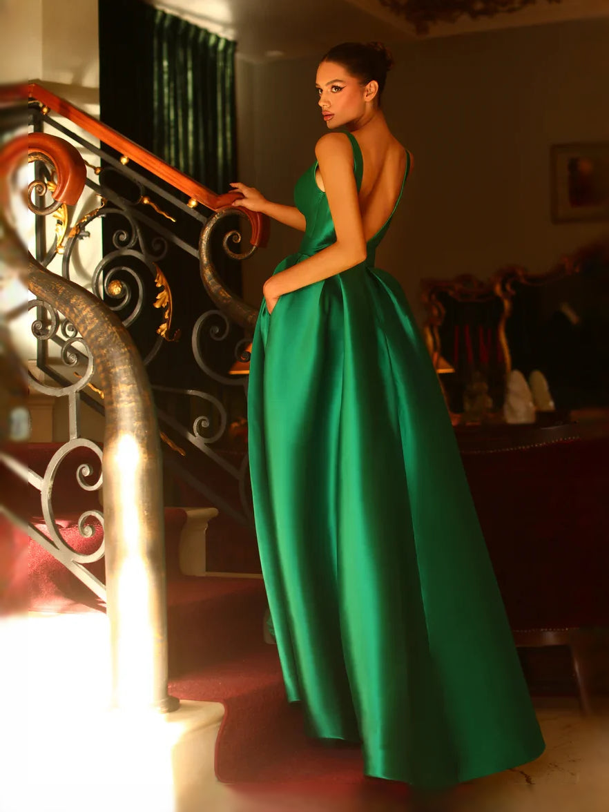 Pink a-line floor-length formal dress with skirt slit, alternate view showing the skirt