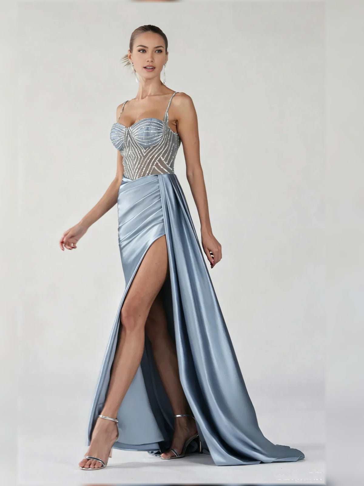 Powder Blue mermaid floor-length formal dress with beading, alternate view showing the skirt