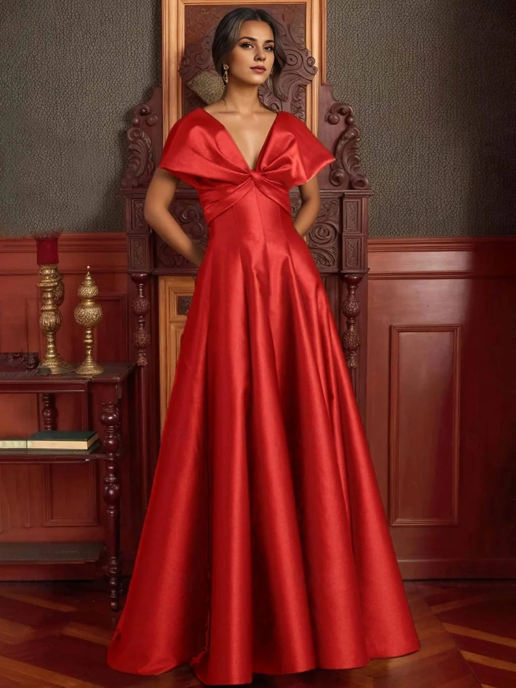Red floor-length prom dress, alternate view showing the skirt and hem