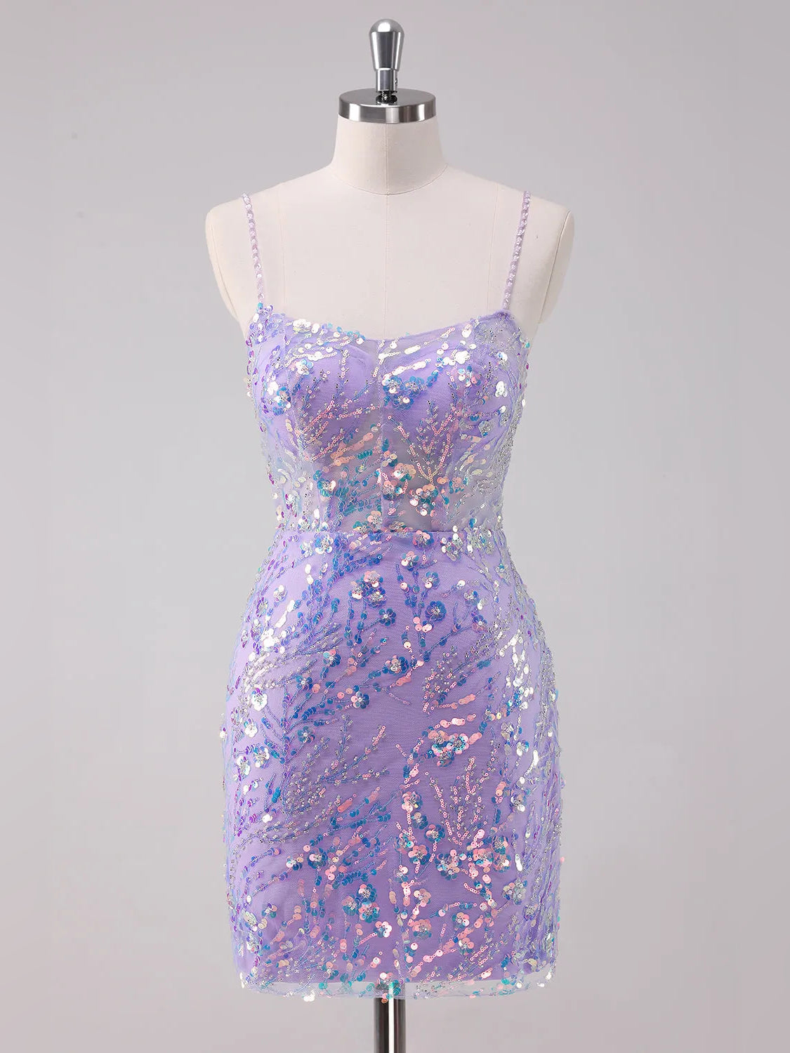 Lilac mini homecoming dress, alternate view showing the skirt and hem
