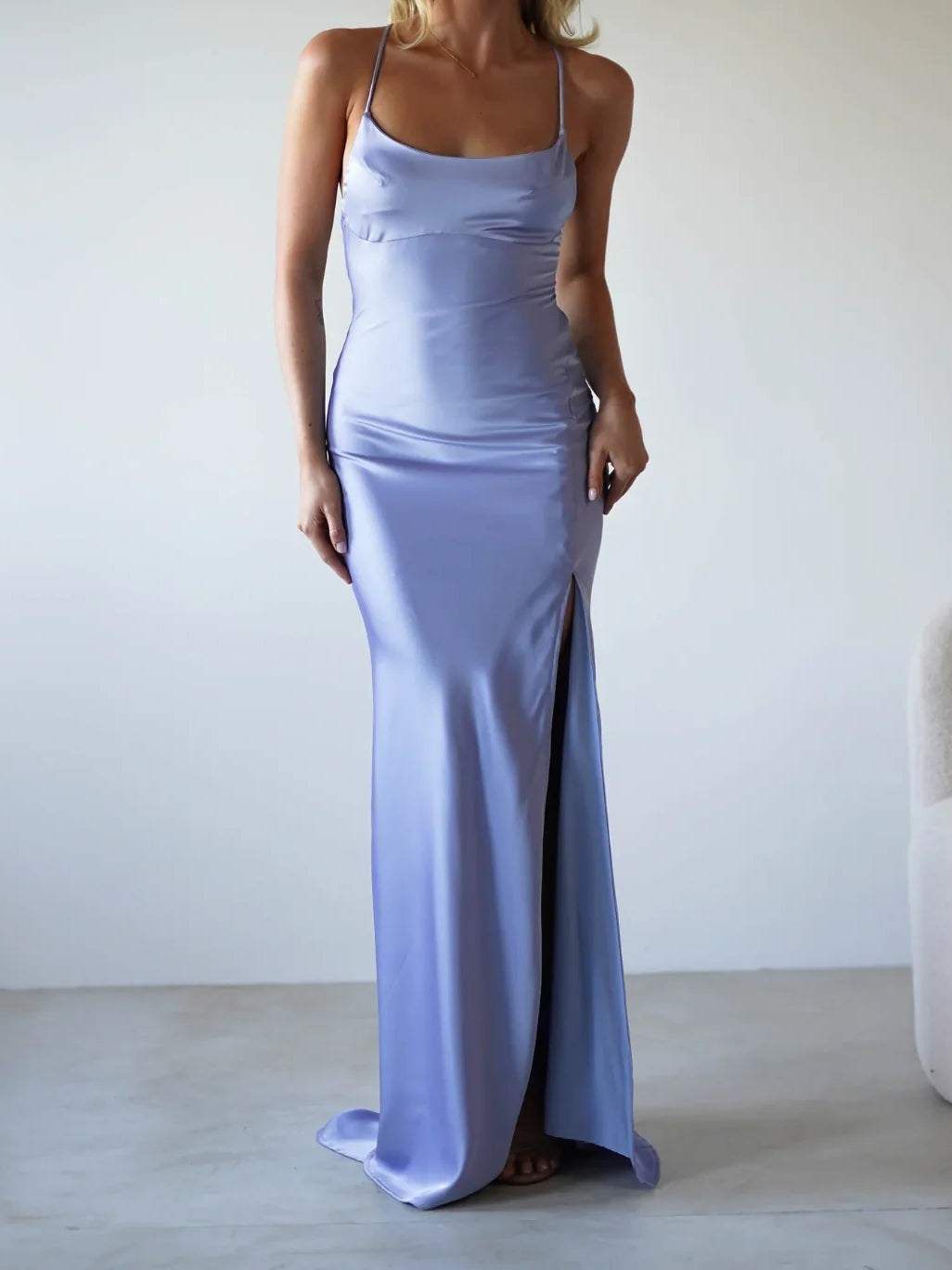 Periwinkle maxi bridesmaid dress, alternate view showing the skirt and hem