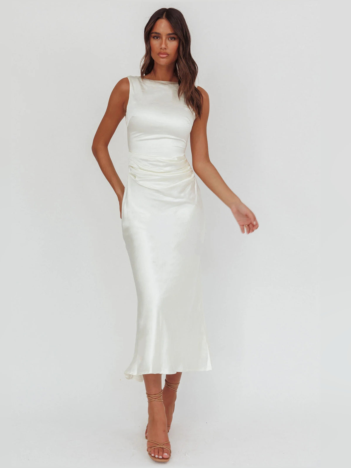 White midi formal dress, alternate view showing the skirt