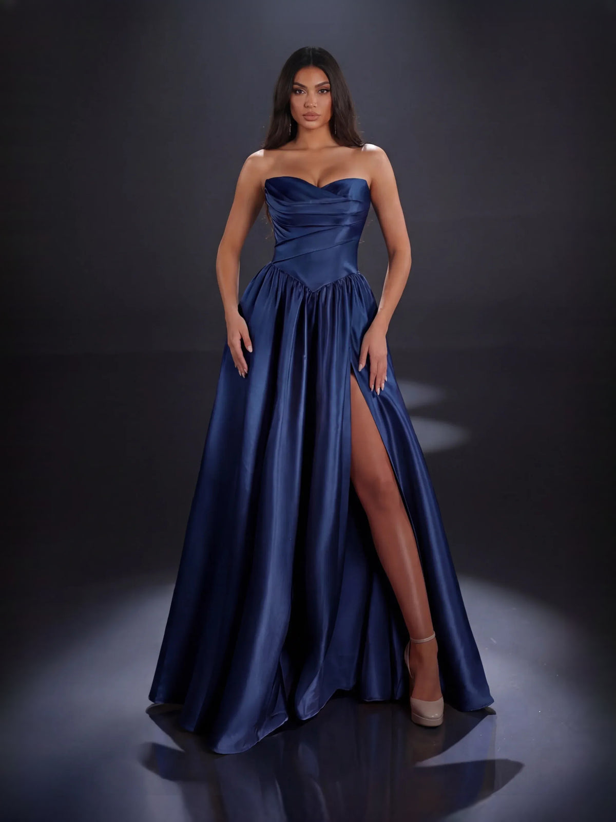 Dark Blue floor-length prom dress, alternate view showing the skirt and hem