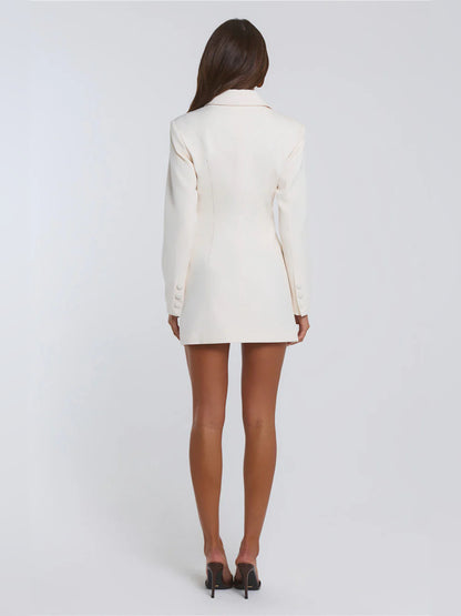 Cream mini homecoming dress, alternate view showing the skirt and hem