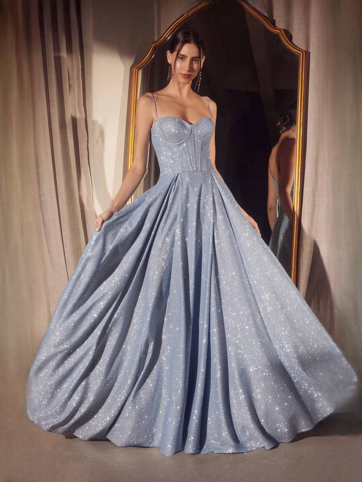 Powder Blue floor-length prom dress, front view showing the ball-gown silhouette