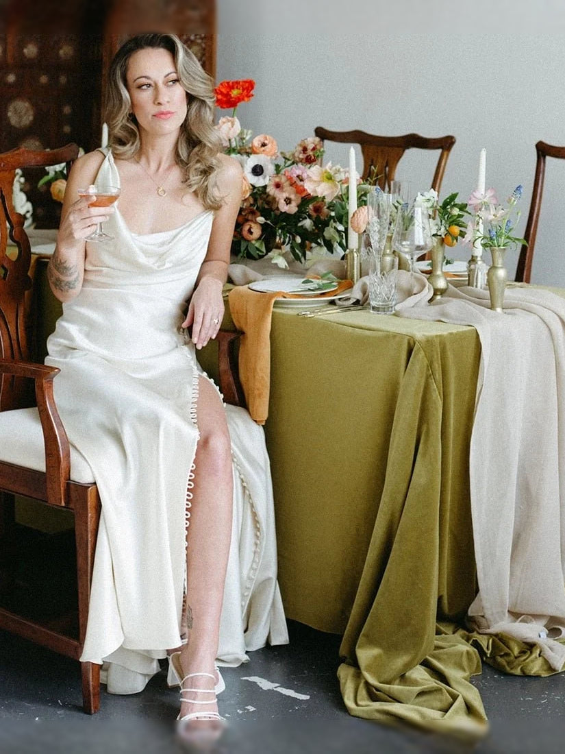 Ivory maxi bridesmaid dress, alternate view showing the skirt and hem