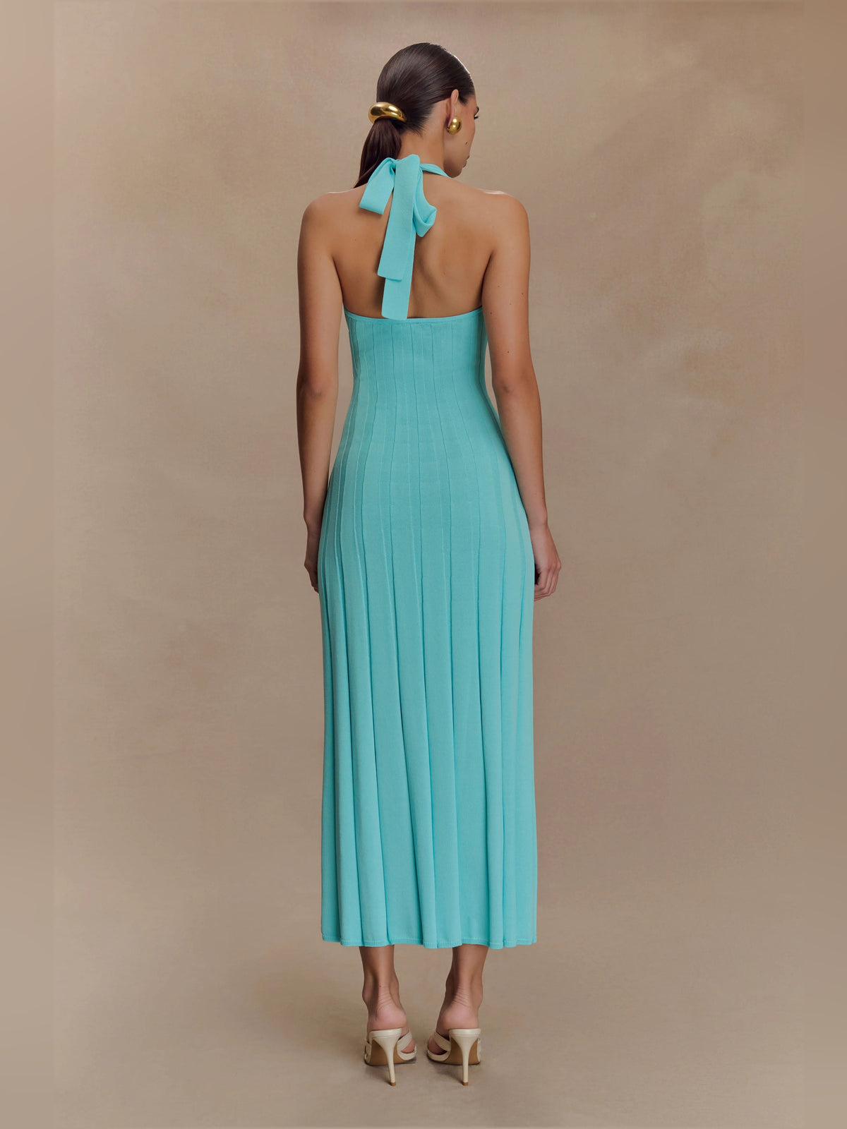 Blue midi formal dress with halter neckline, alternate view showing the skirt