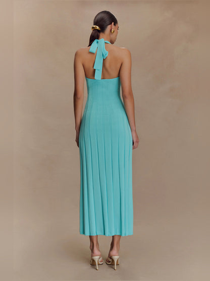 Blue midi formal dress with halter neckline, alternate view showing the skirt