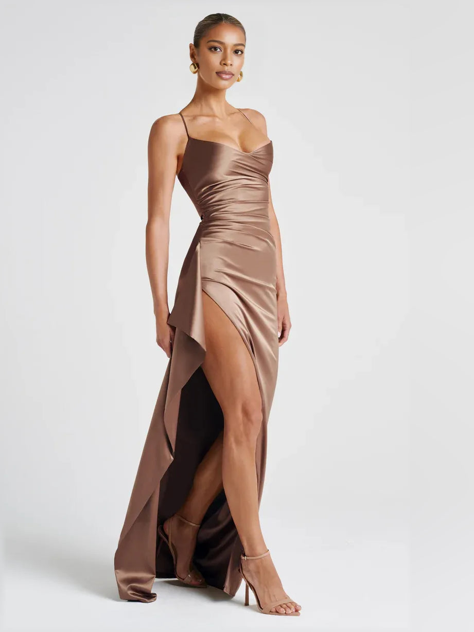 Taupe sheath floor-length formal dress with ruching, alternate view showing the skirt