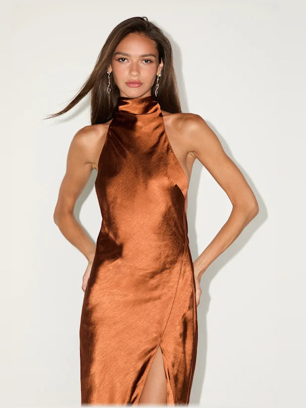 Rust midi formal dress with halter neckline, alternate view showing the skirt