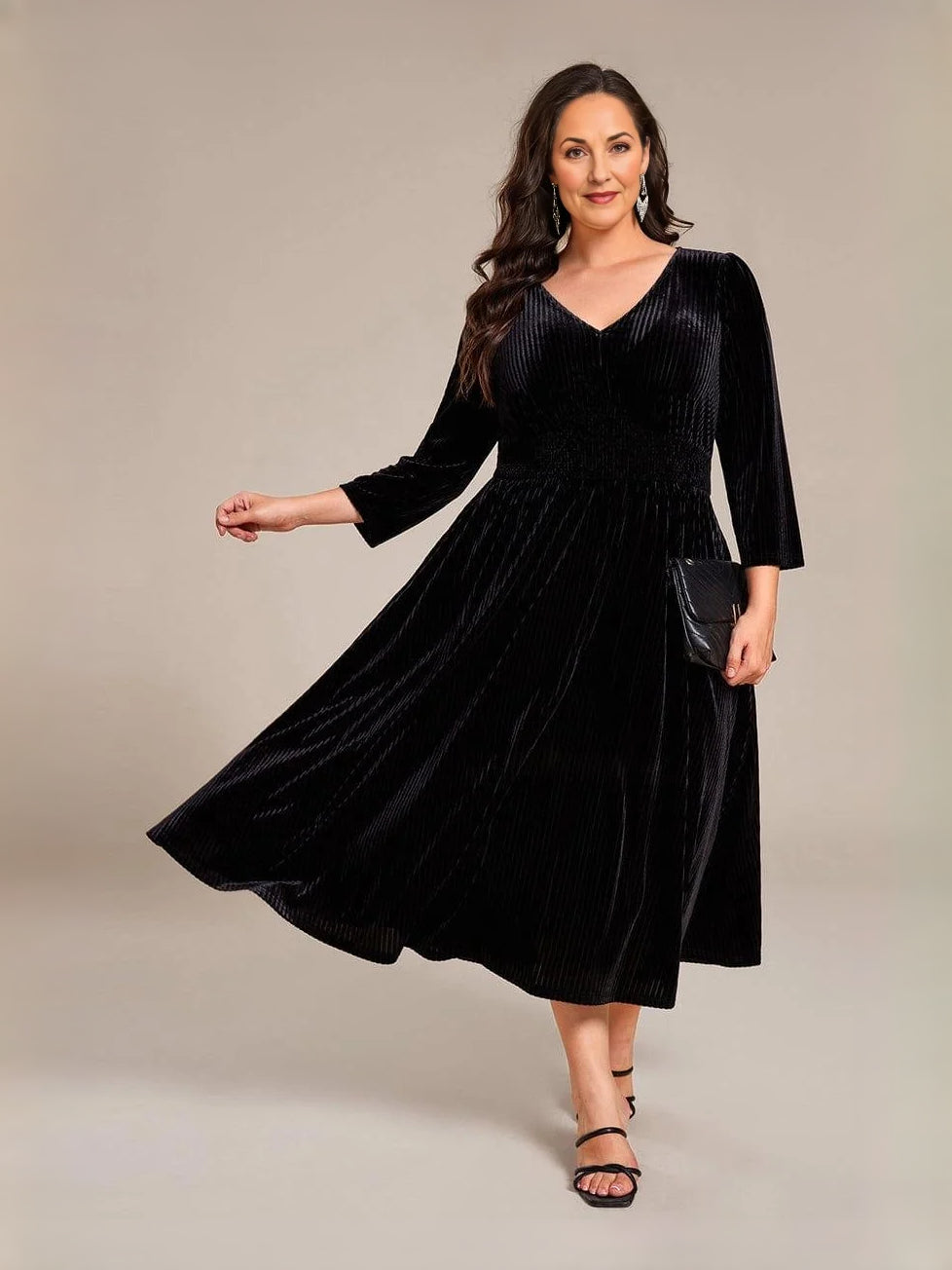 Black midi mother of the bride dress, alternate view showing the skirt and hem