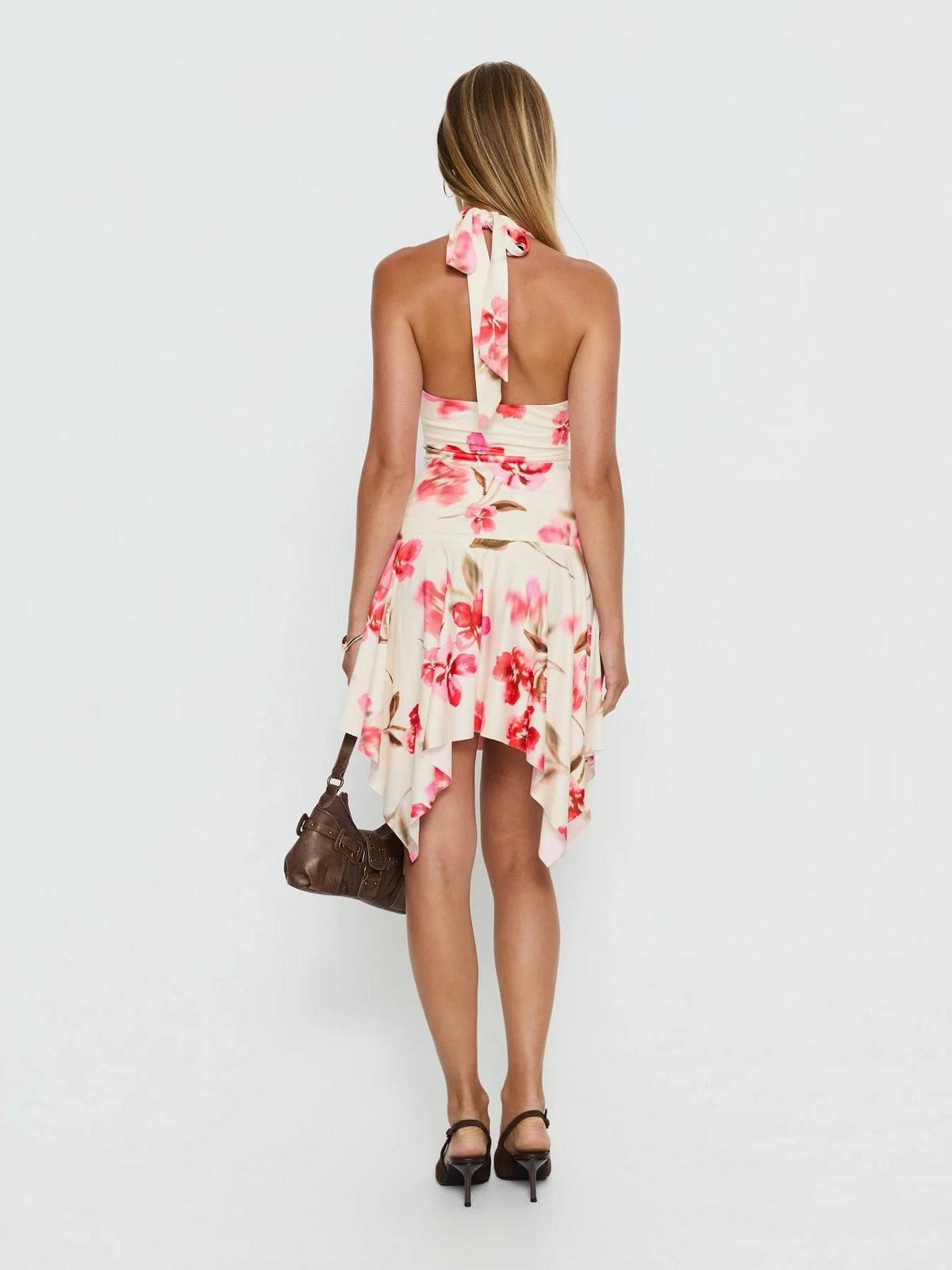 Cream Floral midi formal dress with floral print, alternate view showing the skirt