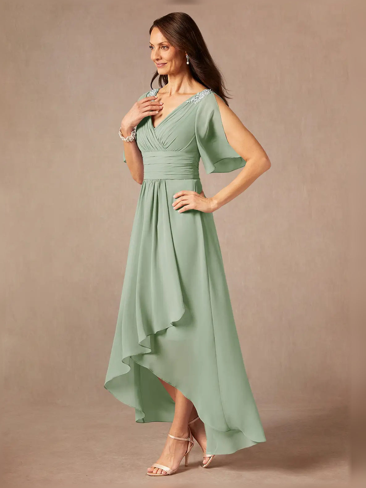 Dusty Sage midi mother of the bride dress, alternate view showing the skirt and hem