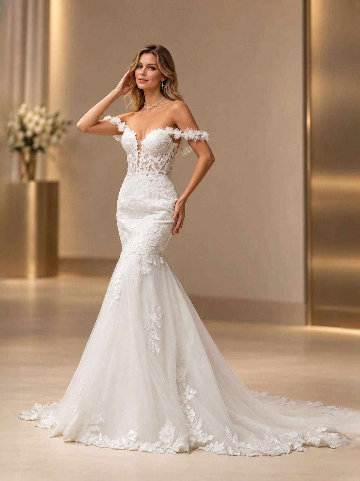 White floor-length wedding dress, alternate view showing the skirt and hem