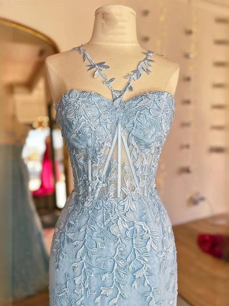 Light Blue floor-length prom dress, alternate view showing the skirt and hem