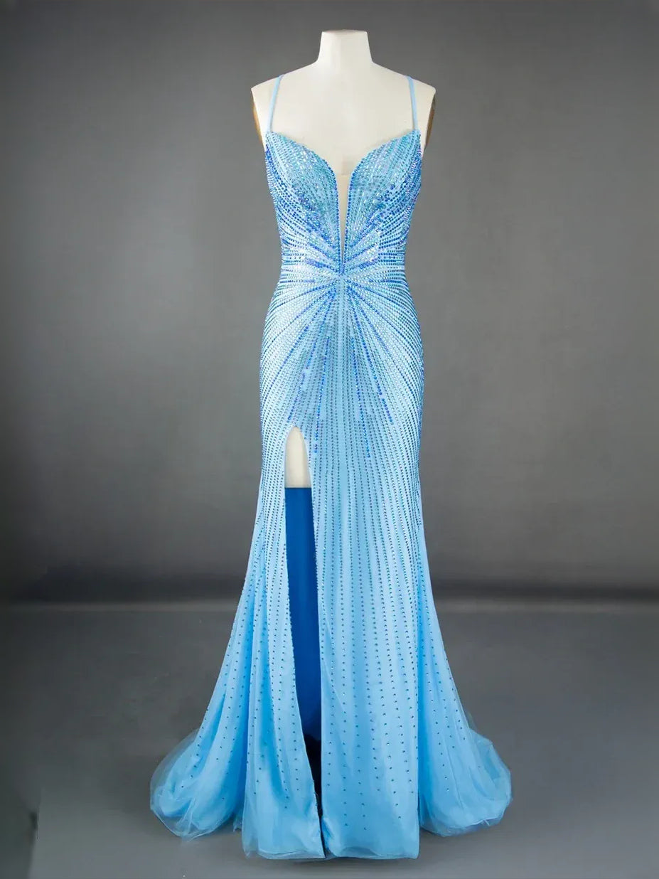 Light Blue floor-length prom dress, alternate view showing the skirt and hem