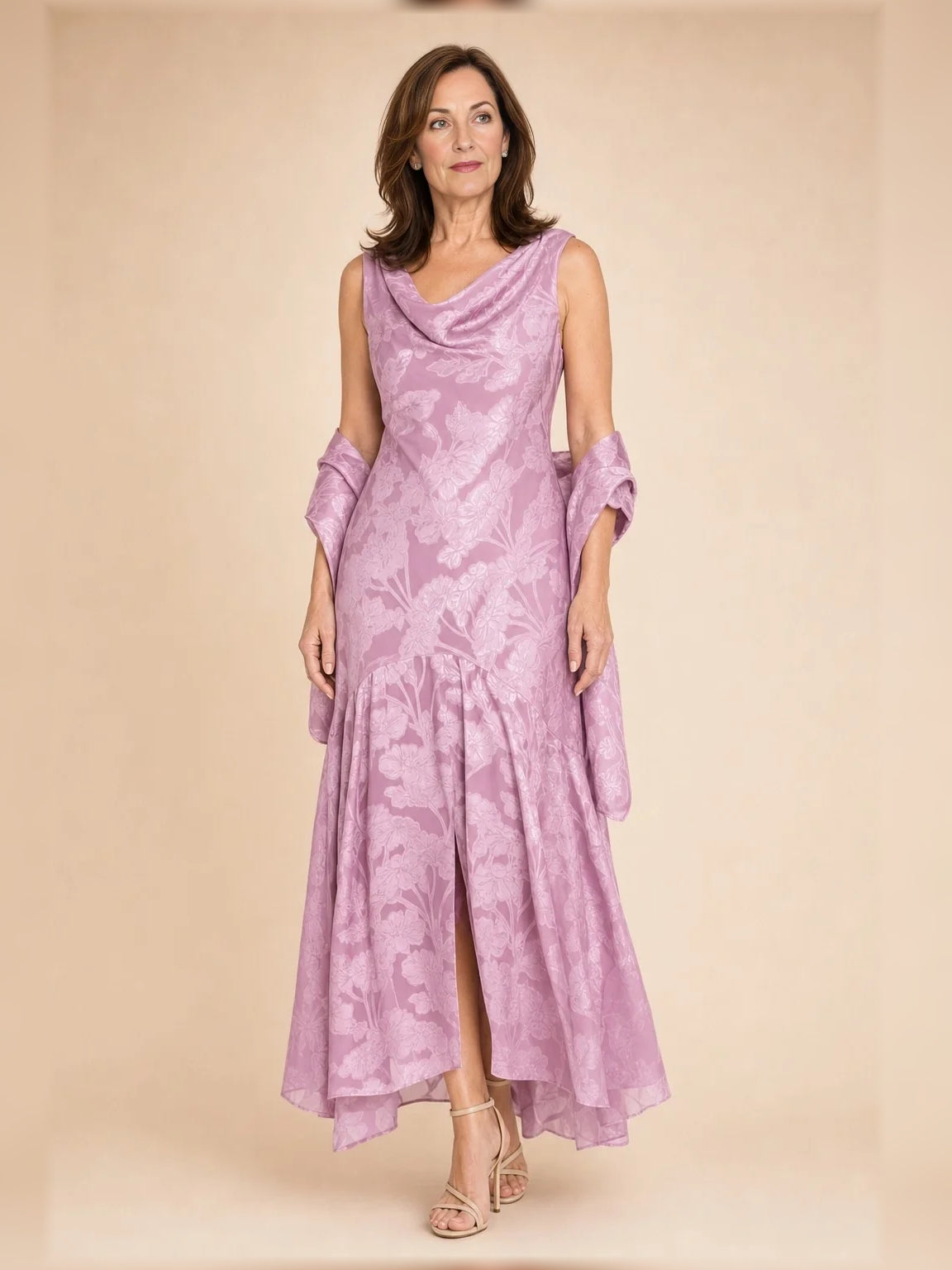 Light Purple midi mother of the bride dress, alternate view showing the skirt and hem