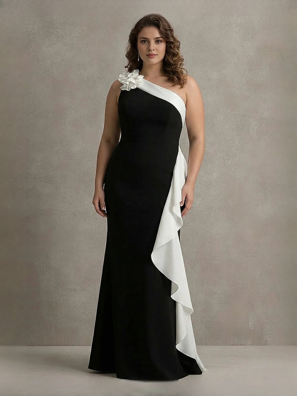 Black & White floor-length prom dress, alternate view showing the skirt and hem