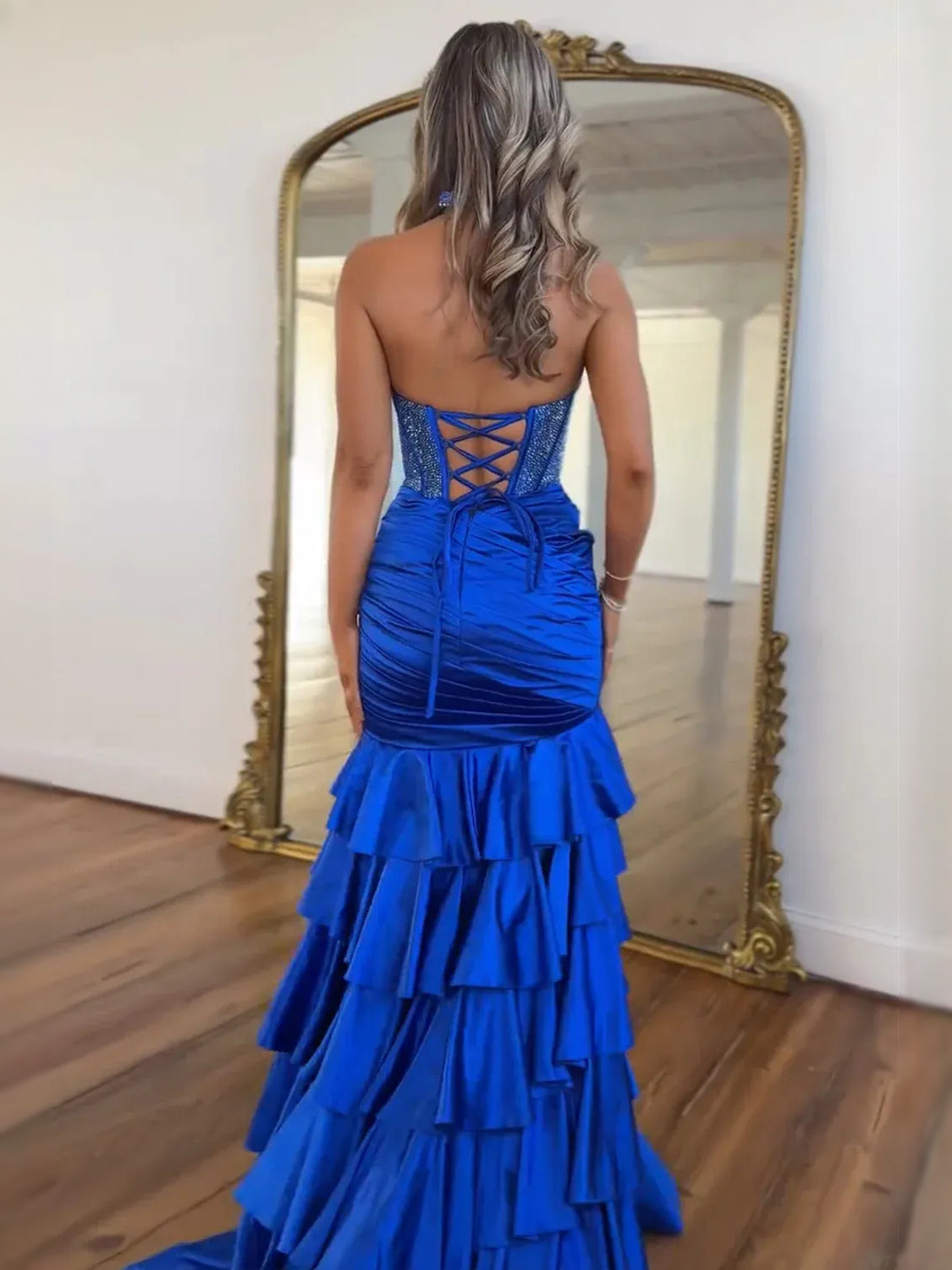 Cobalt Blue floor-length prom dress, alternate view showing the skirt and hem