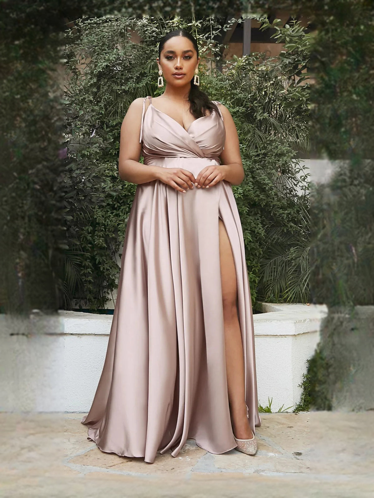 Burgundy floor-length prom dress, back view showing the rear of the dress with the dress shown closer