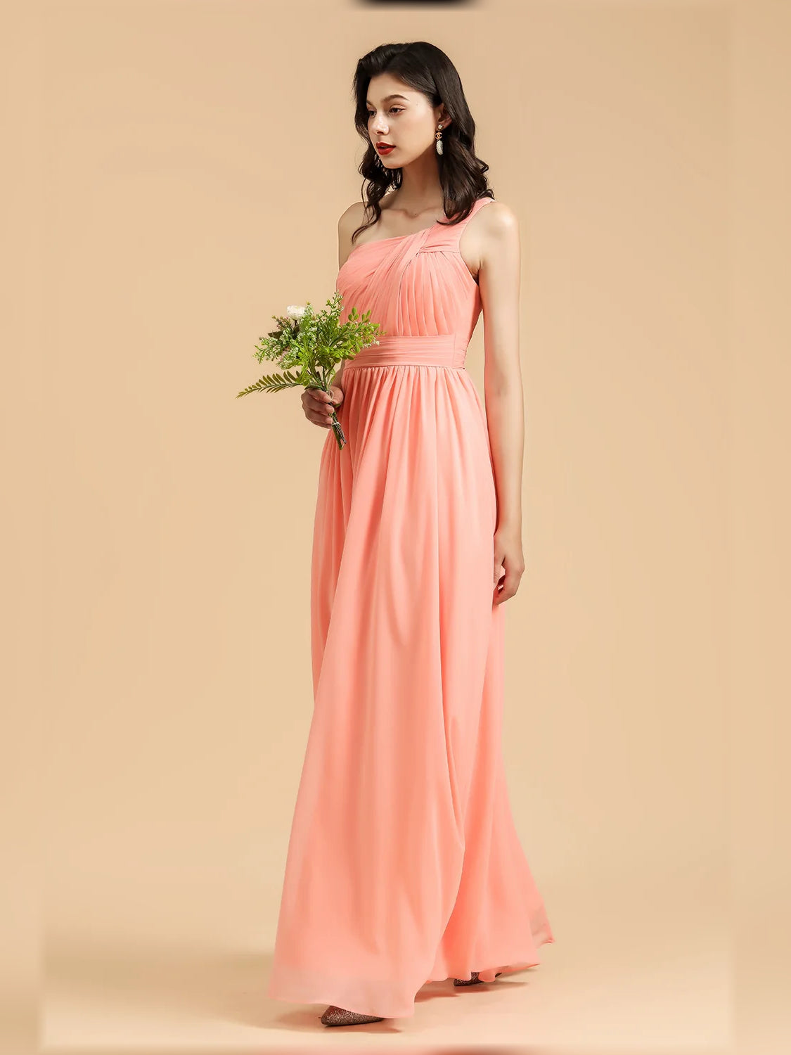 Coral floor-length bridesmaid dress, alternate view showing the skirt and hem
