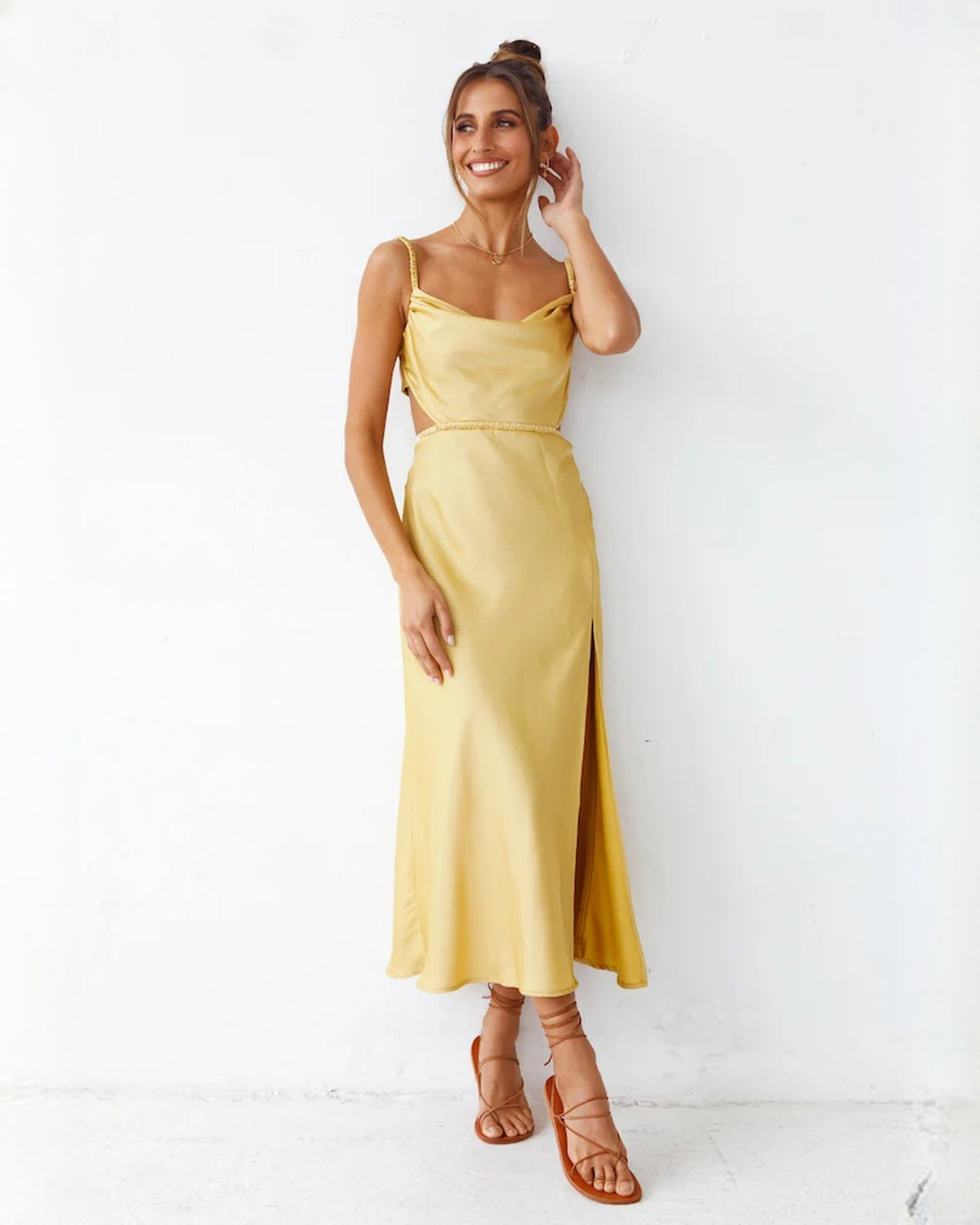 sleeveless satin a-line maxi bridesmaid dress - image 5