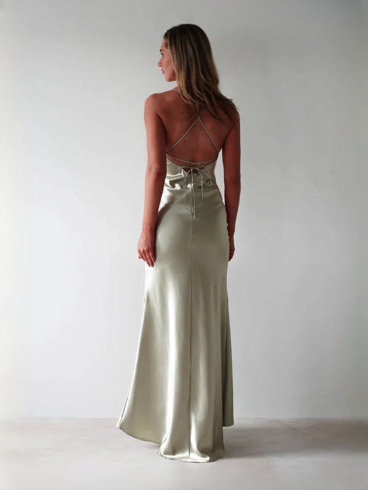 Red maxi prom dress, alternate view showing the skirt and hem