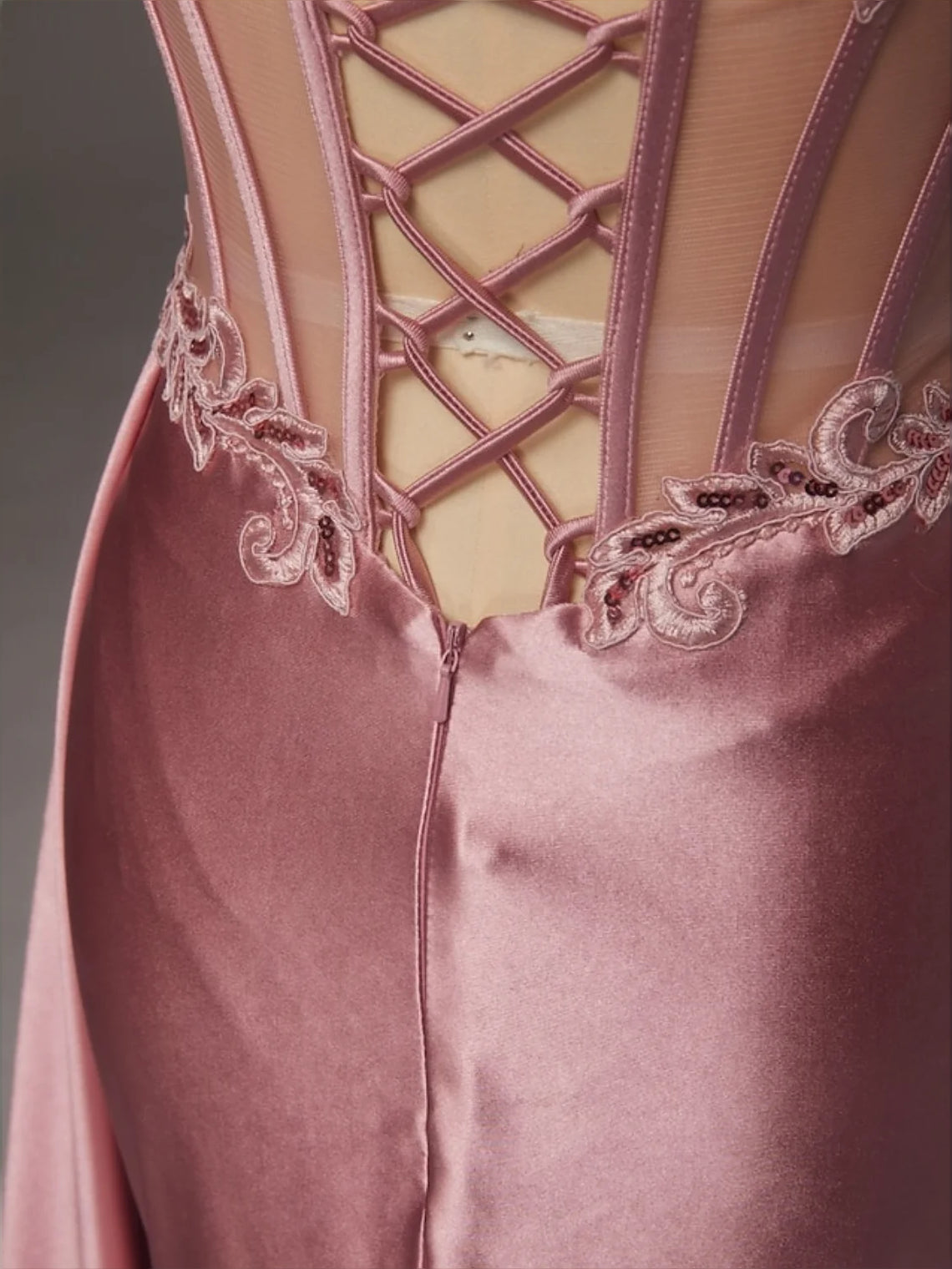 Rose Gold floor-length prom dress, alternate view showing the skirt and hem