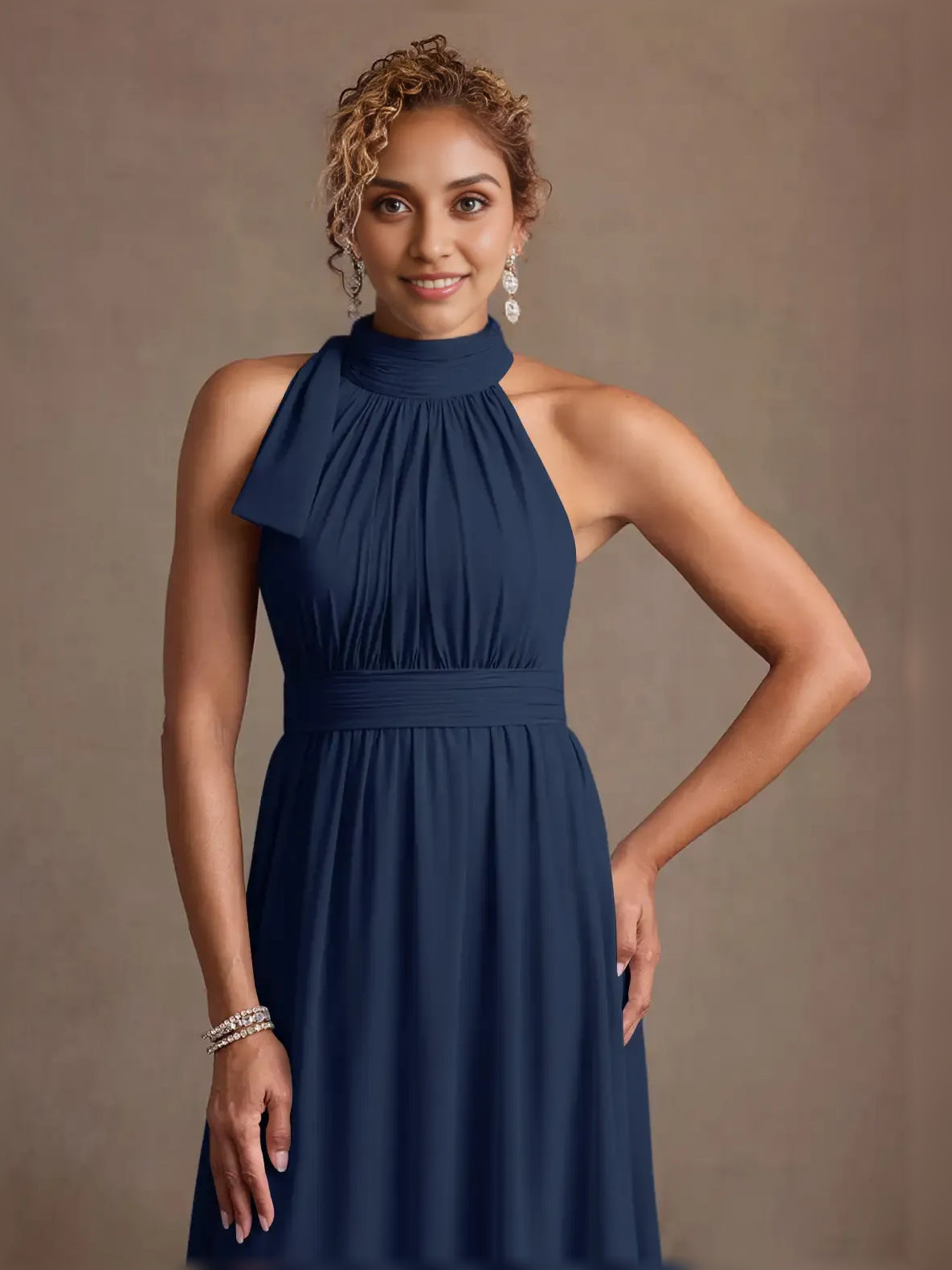 Navy Blue a-line floor-length formal dress with ruching, alternate view showing the skirt