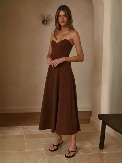 Chocolate midi formal dress with strapless neckline, alternate view showing the skirt