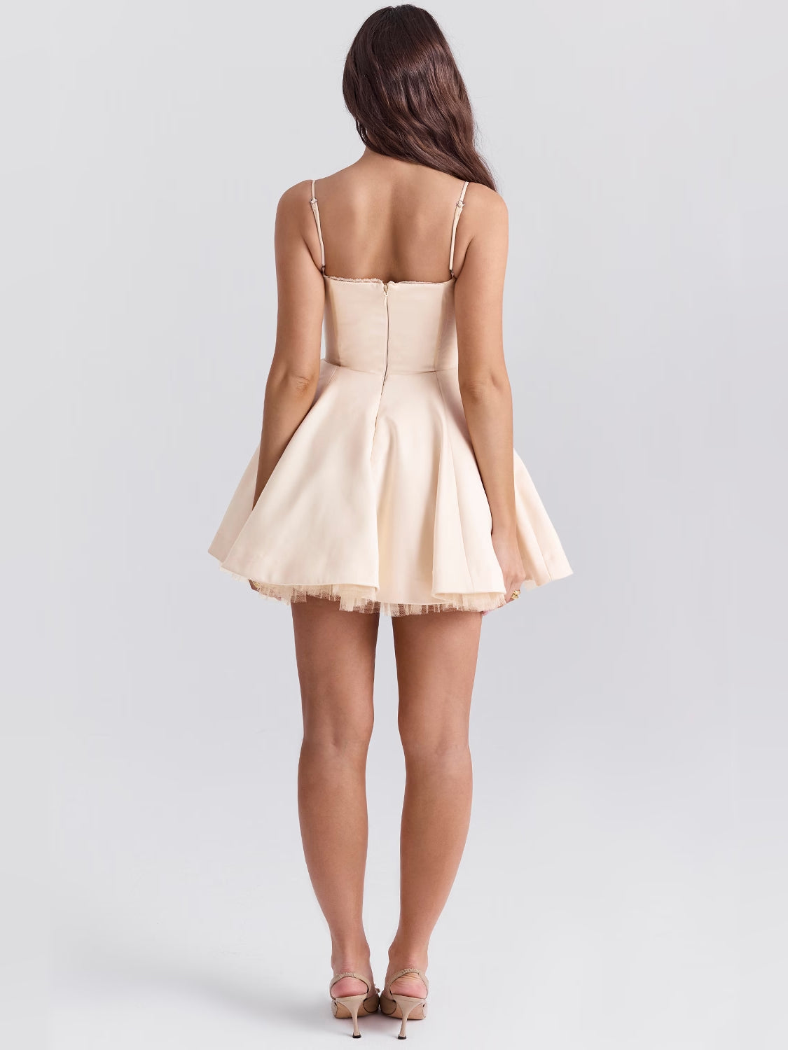 Cream mini homecoming dress, alternate view showing the skirt and hem