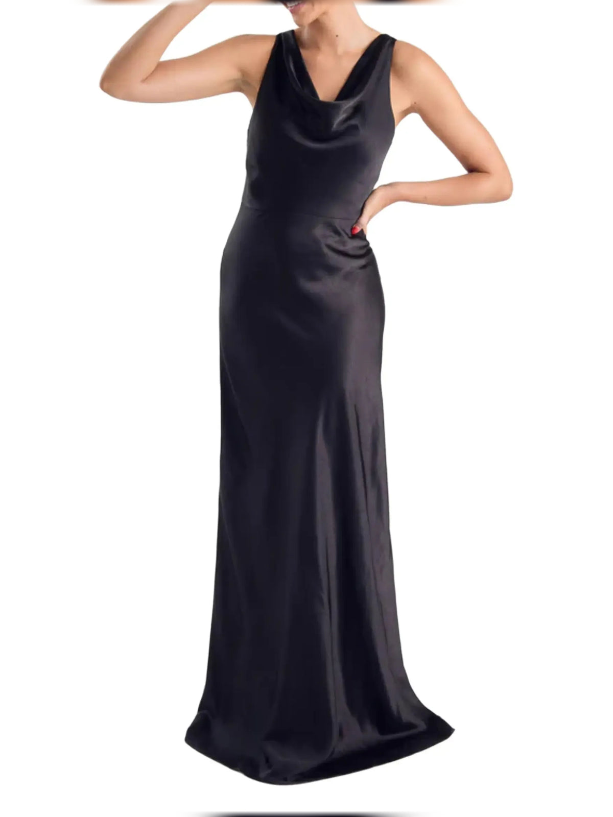 Black sheath floor-length formal dress with cowl neckline, alternate view showing the skirt