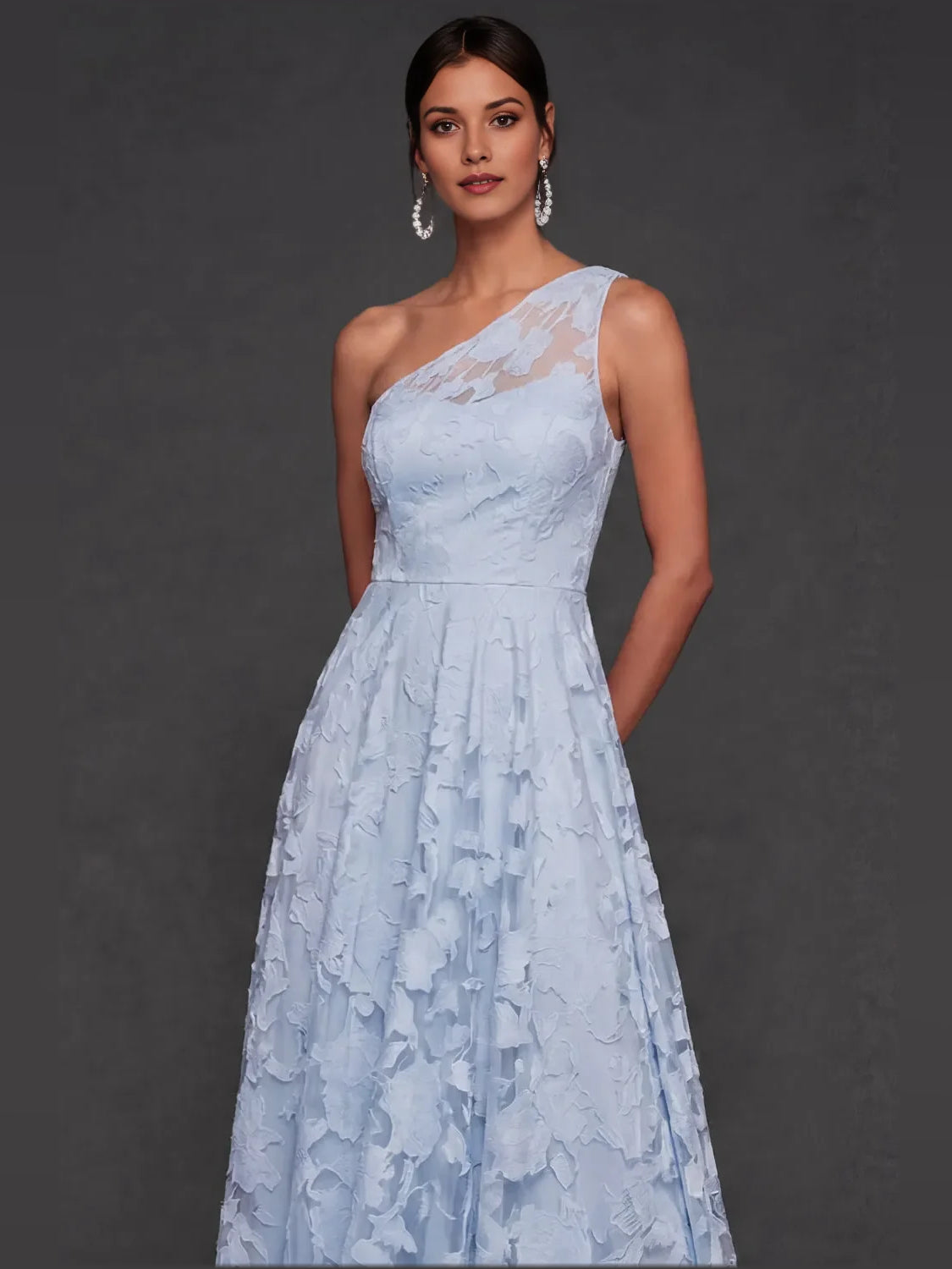 Light Blue maxi bridesmaid dress, alternate view showing the skirt and hem