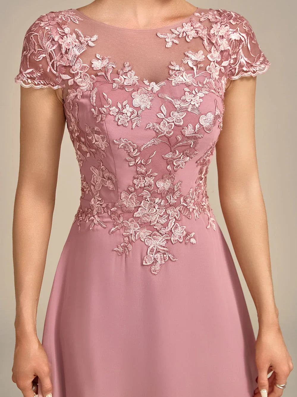 Dusty Rose knee-length mother of the bride dress, alternate view showing the skirt and hem