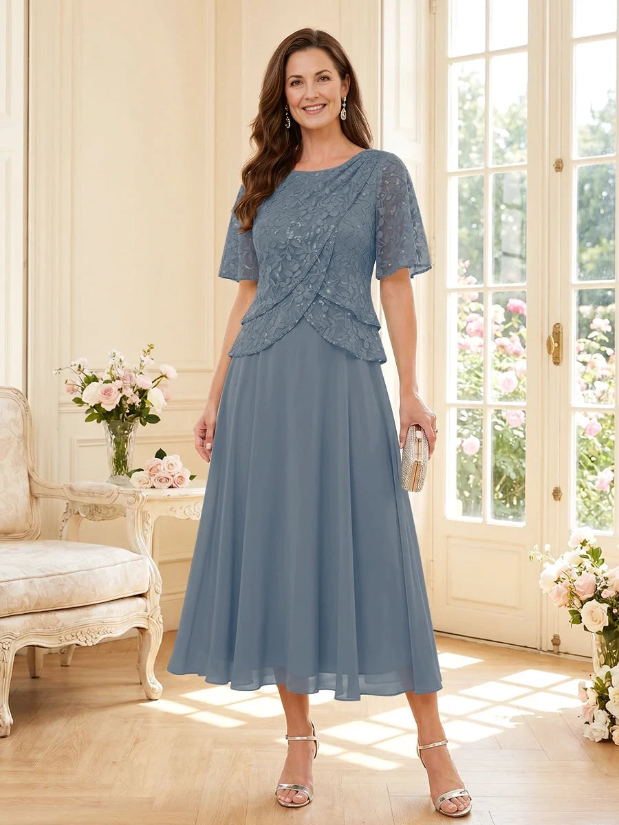 Dusty Blue tea-length mother of the bride dress, alternate view showing the skirt and hem
