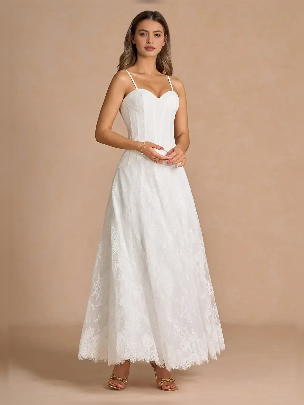 White column floor-length formal dress with floral print, alternate view showing the skirt