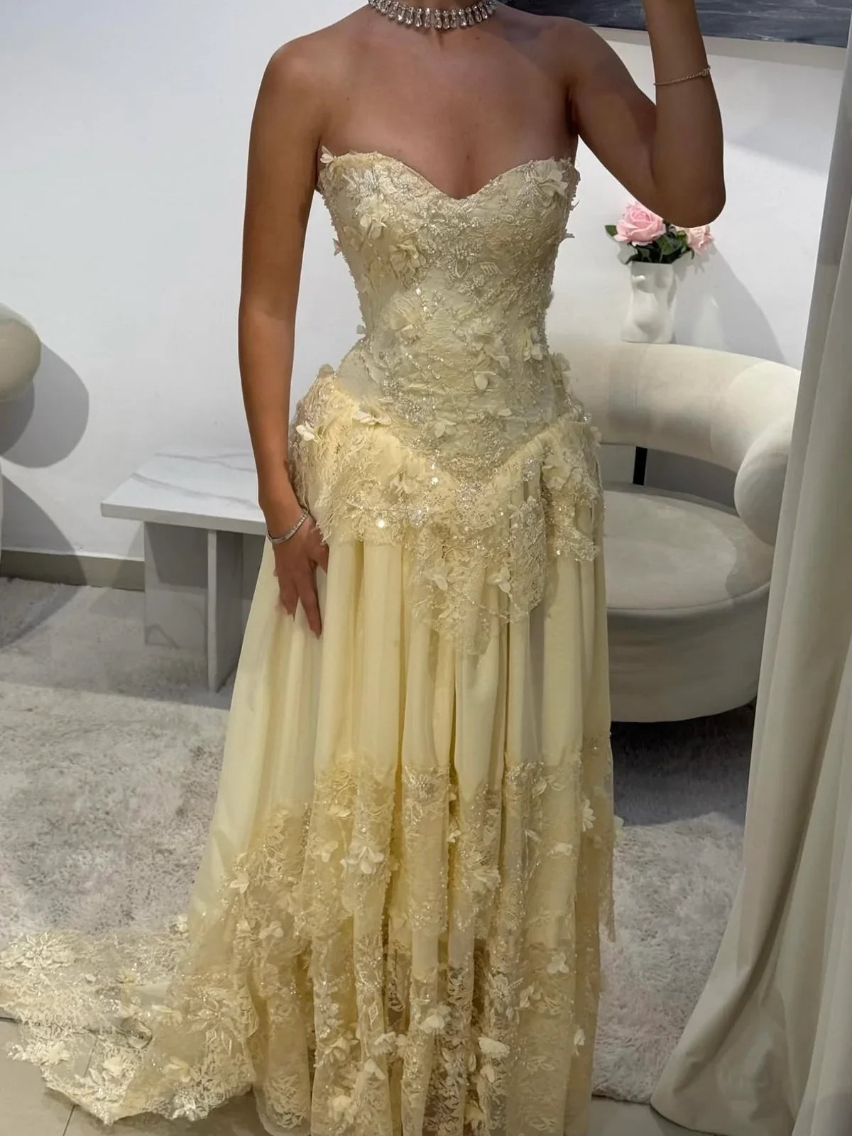 Pale Lemon a-line floor-length formal dress with beading, alternate view showing the skirt