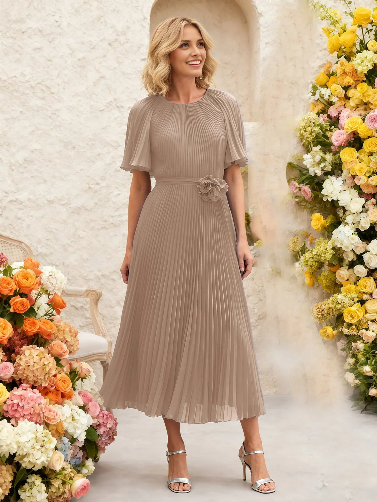 Taupe midi mother of the bride dress, alternate view showing the skirt and hem