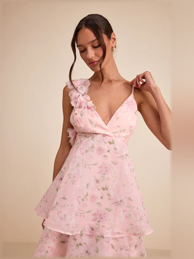 Light Pink Floral midi formal dress with floral print, alternate view showing the skirt